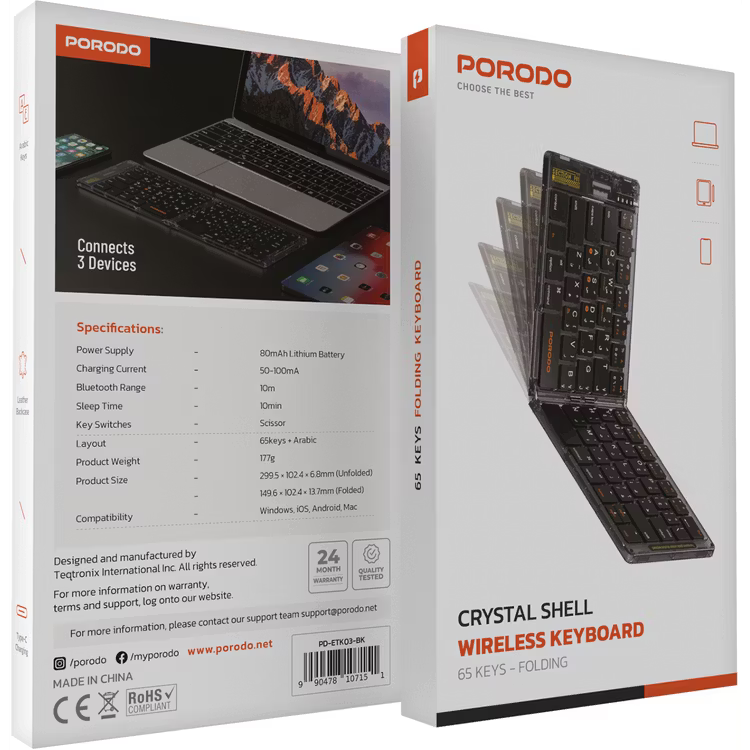 Porodo Crystal Shell Wireless Keyboard 65 Kesy-Folding
