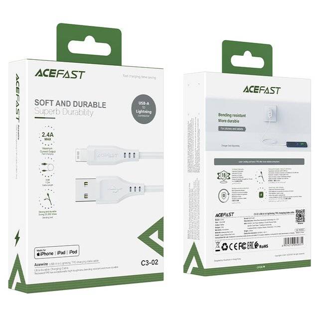 Acefast Soft And Durable Superb Durability USB-A TO Lightning Cable 1.2m - C3-02 White