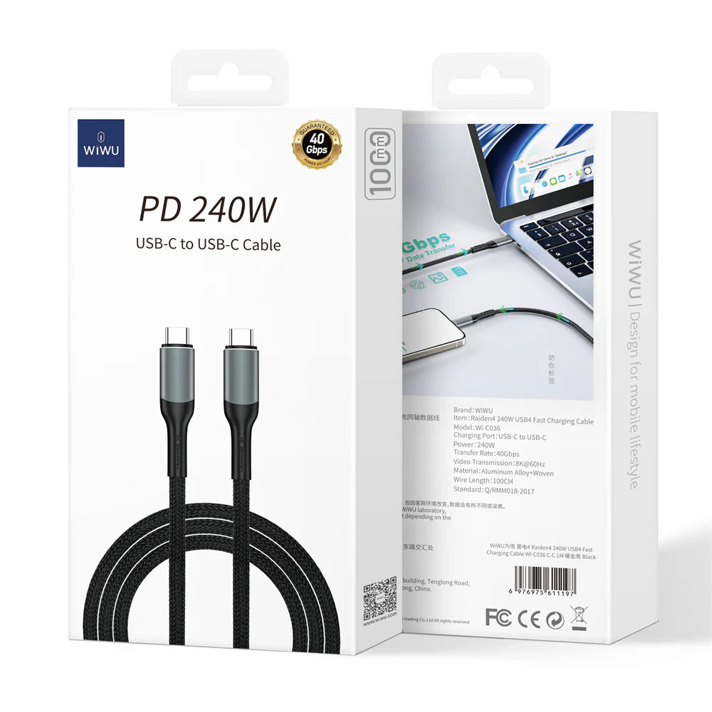 Wiwu USB4 240W USB-C TO USB-C Cable 1m - WI036 Black