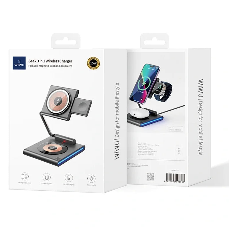Wiwu Geek 3 IN 1 Wireless Charging Folding Magnetic Suction Conventient 15W - WI-W023