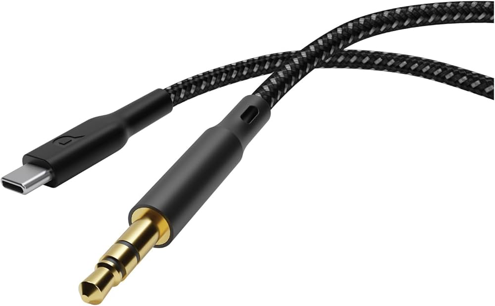 كابل صوت مضفر من الألومنيوم من Powerlogy من النوع c إلى موصل Aux بطول 1.2 متر - أسود