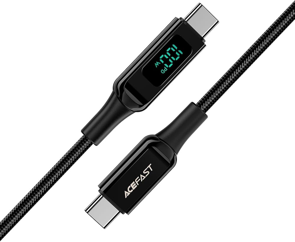 شاحن سريع Acefast بقوة 100 واط، شاشة رقمية، متانة فائقة، كابل USB-C إلى USB-C بطول 2 متر - C6-03 أسود