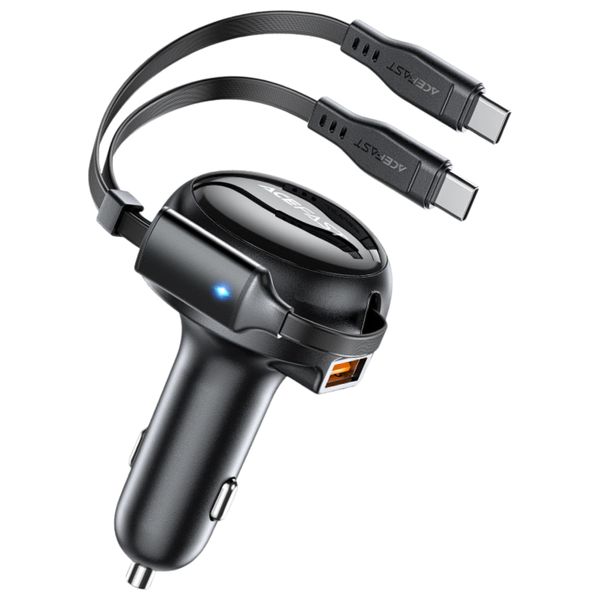 Acefast Fast in Car Charger 2IN1 Retractable USB-C Cable+USB-A Port Fast Charging 53W - B13 Black