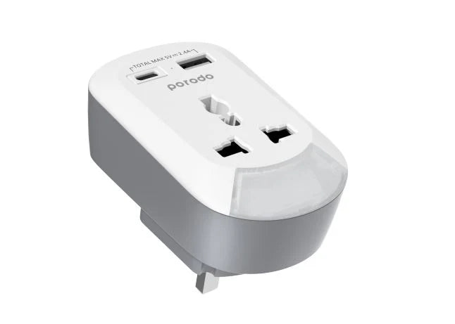Porodo Universal AC Socket UK Plug Adapter Nightlight/USB-A/USB-C - White