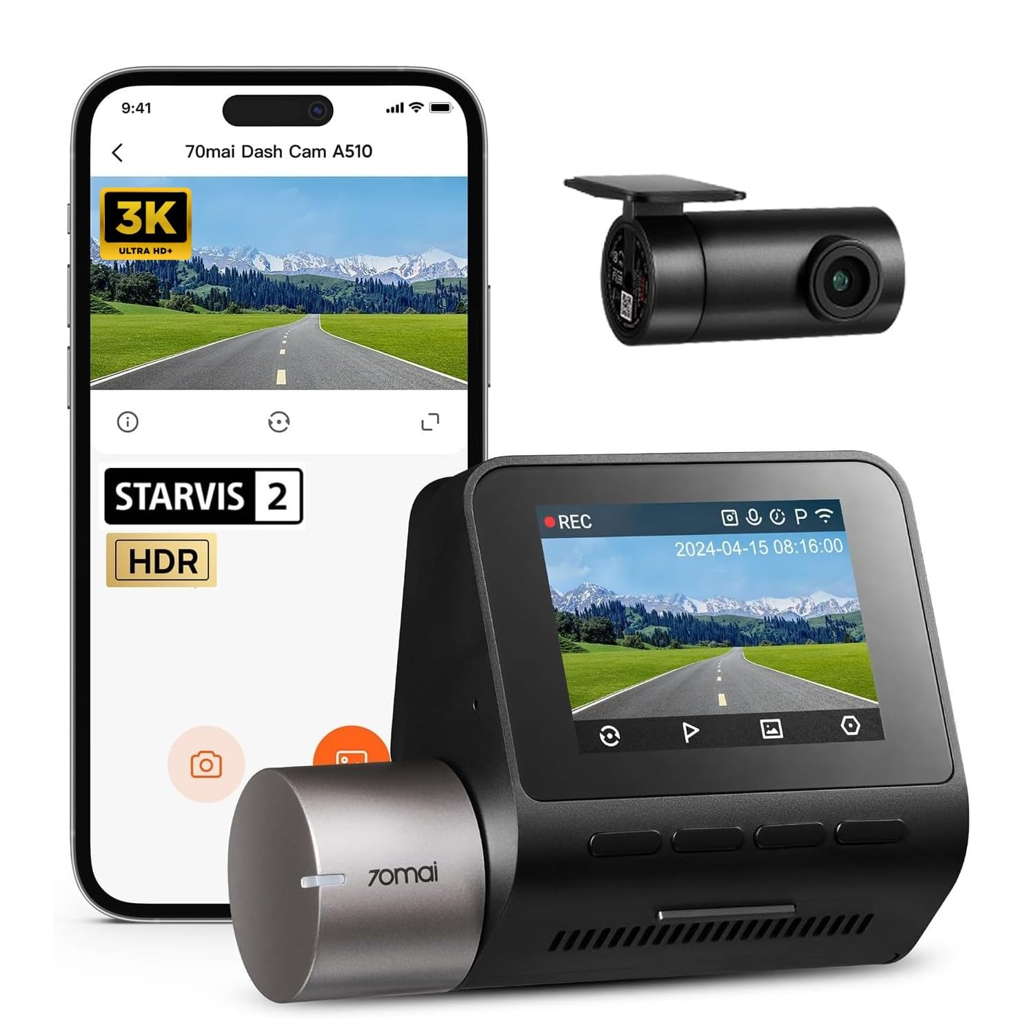 70mai Dash Cam A510 Set Dual-Channel Recording Starvis 2