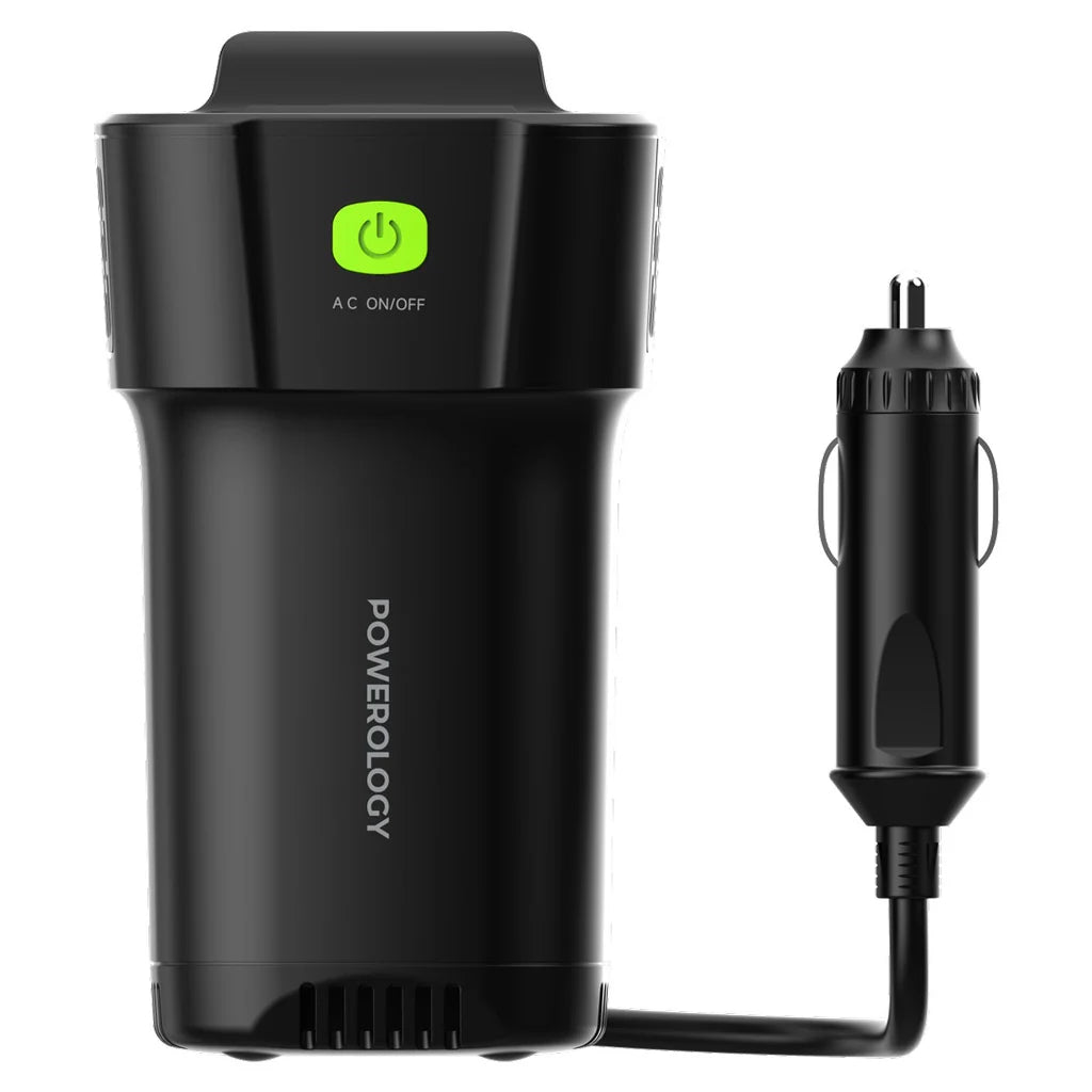 Powerology 150W Cup Holder Power Inverter Dual USB-C & usb-a QC3.0 - Black