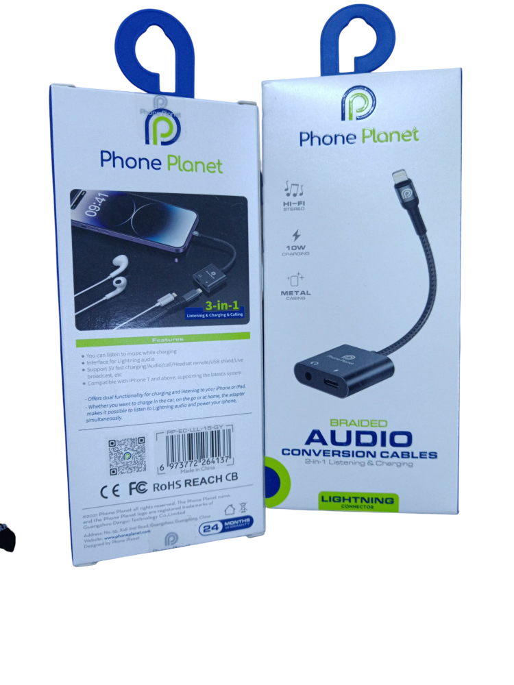 Phone Planet Braided Audio Lightning Connector Cables 2 in 1 Listening & Charging