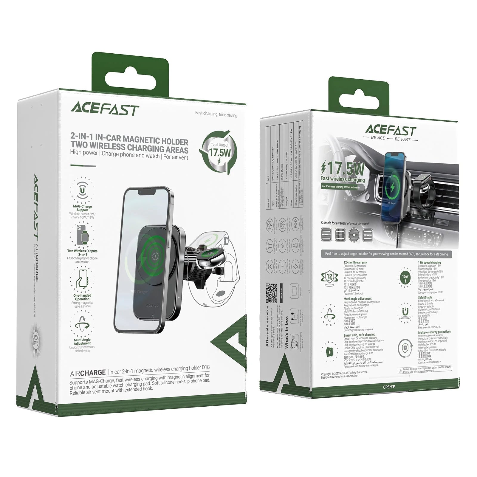 Acefast 2in1 Car Magnetic Holder Two Wireless Charging Areas High Power Phone And Watch For Air Vent