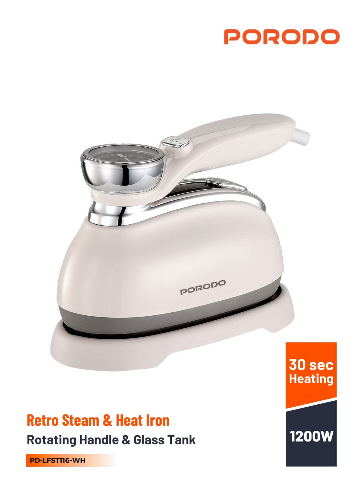 Porodo Retro Thermometer Steam & Heat Iron 1200W LFS116 - White