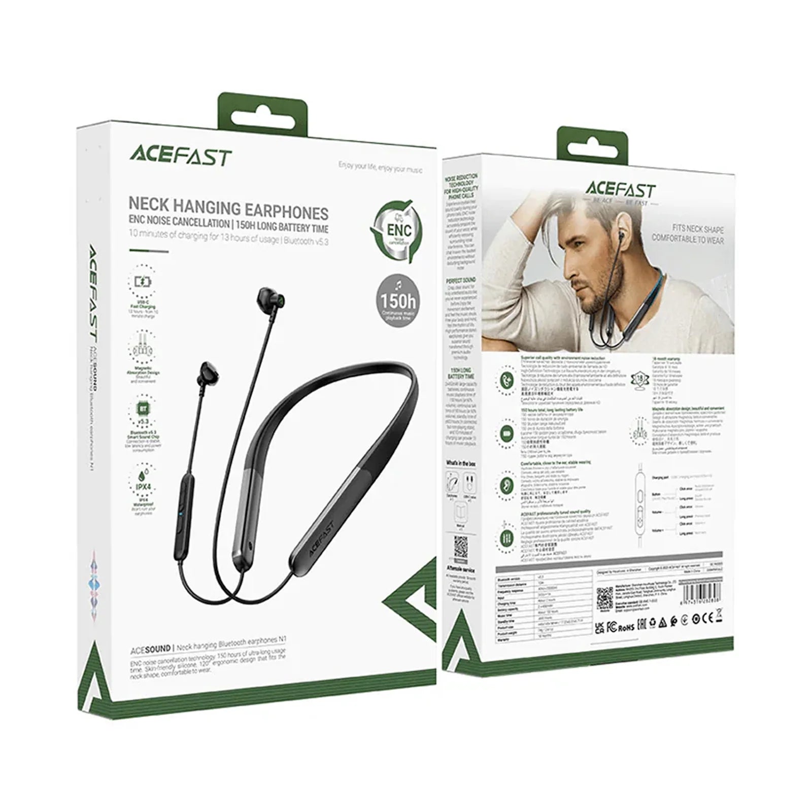 Acefast Neck Hanging Wireless Earphones ENC Noise Cancellation - N1 Black