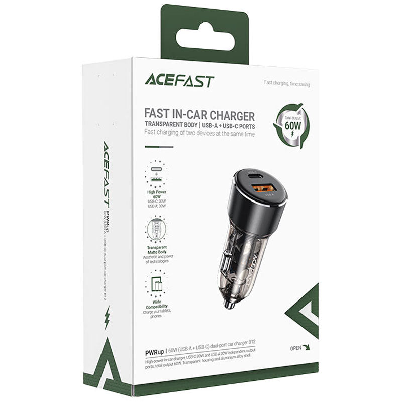 شاحن سيارة سريع من Acefast، هيكل شفاف، منفذ USB-A + منفذ USB-C، 60 واط - أسود B12