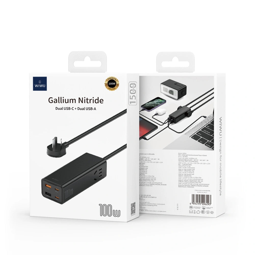Wiwu Wall Desktop Powerstrip Gallium Nitride Dual Usb-C + Dual Usb-A 100W