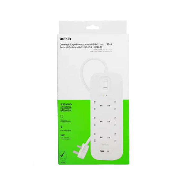 Belkin Connect Surge Porotector With USB-C And USB-APorts 6 Outlets With 1 USB-C & 1 USB-A Socket