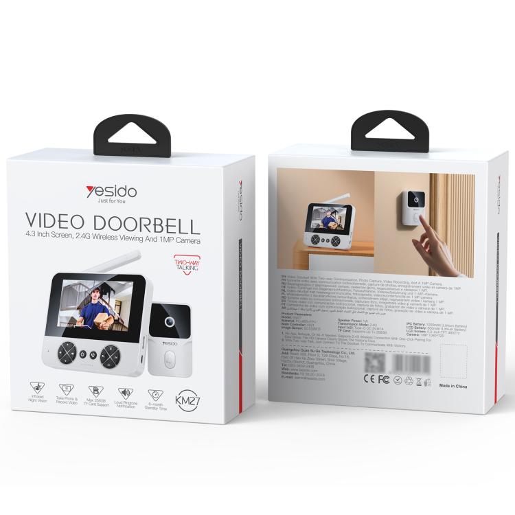 Yesido Video Doorbell 4.3 Inch Screen 2.4G Wireless Vivwing And 1MP Camera KM27