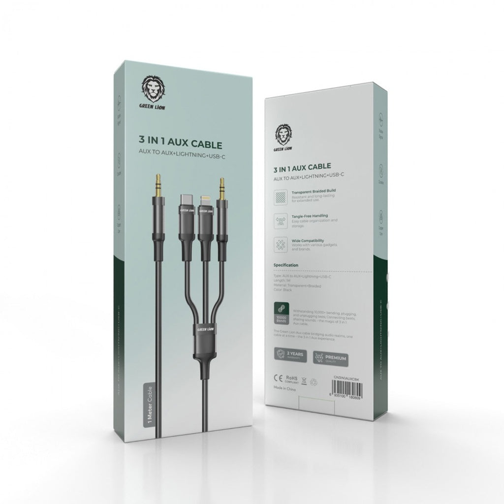 Green Lion 3 in 1 AUX TO AUX+Lightning+USB-C Cable (1m) - Black