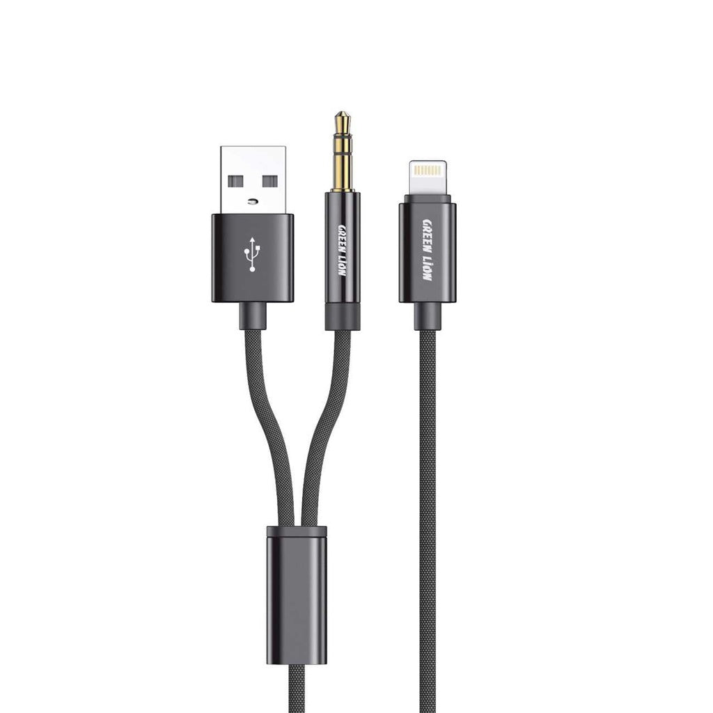 Green Lion Braided 2 in 1 AUX Cable Black (1.2m)