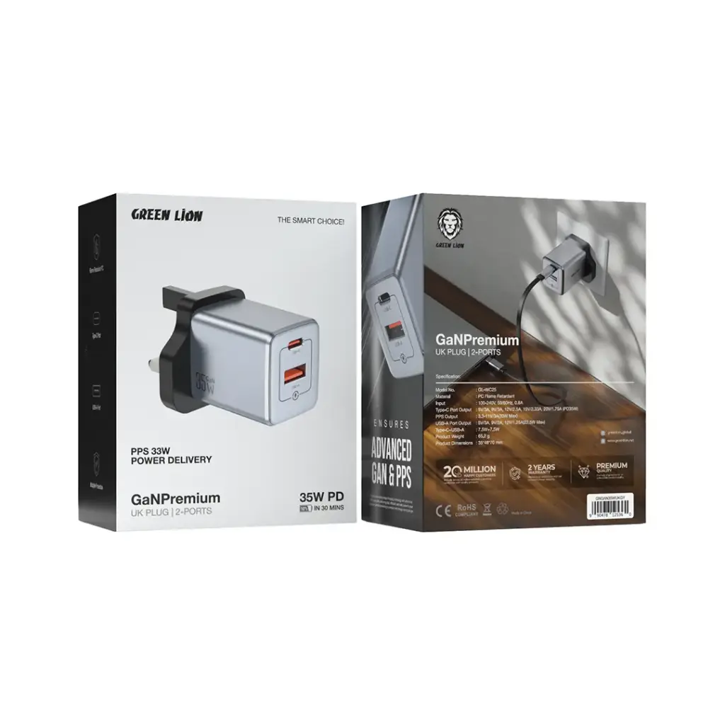 Green Lion GanPremium UK Plug / 2-Ports 35W