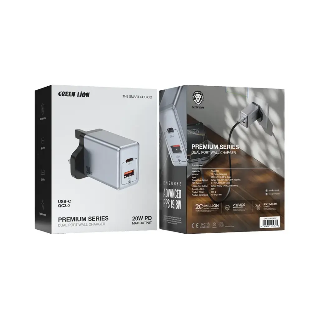 Green Lion Premium Dual Port Wall Charger 20W PD Max