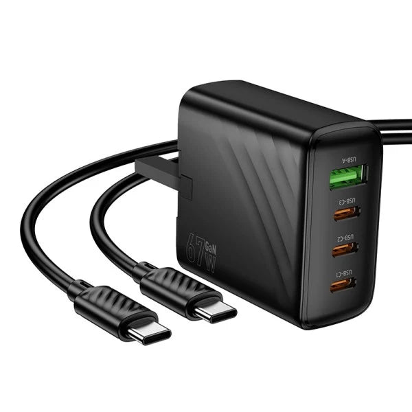 hoco Three Port Charger Set 67W With Cable USB-C TO USB-C Cable 1m - CS27B Black
