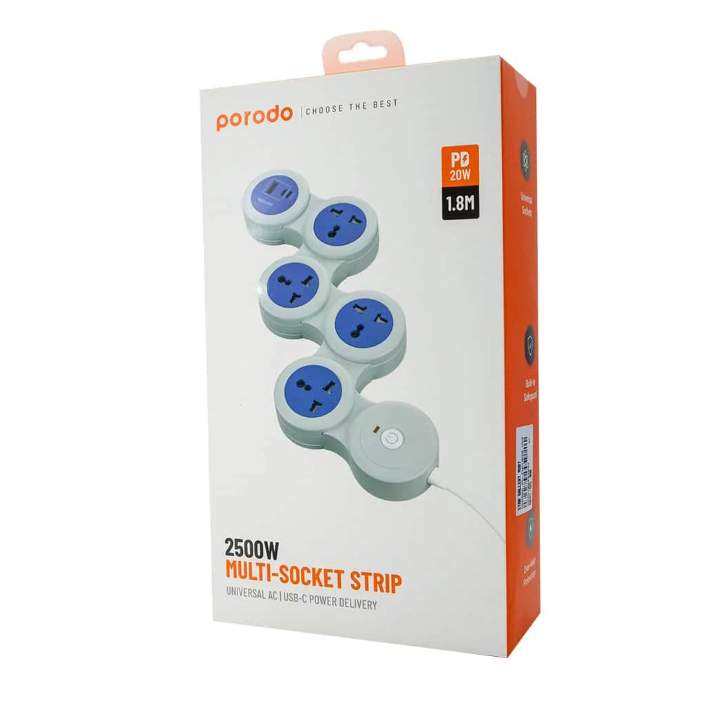Porodo Multi-Socket Strip Universal AC USB-C Power Delivery (PD20W/2500W) 1.8M