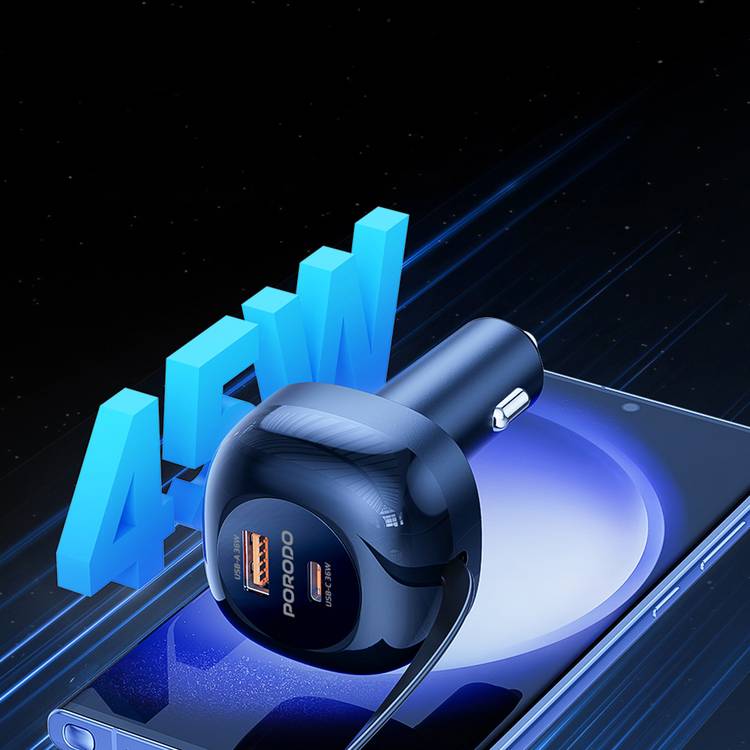 Porodo Dual Port Car Charger 80CM Retactable Type-c Cable - FWC030