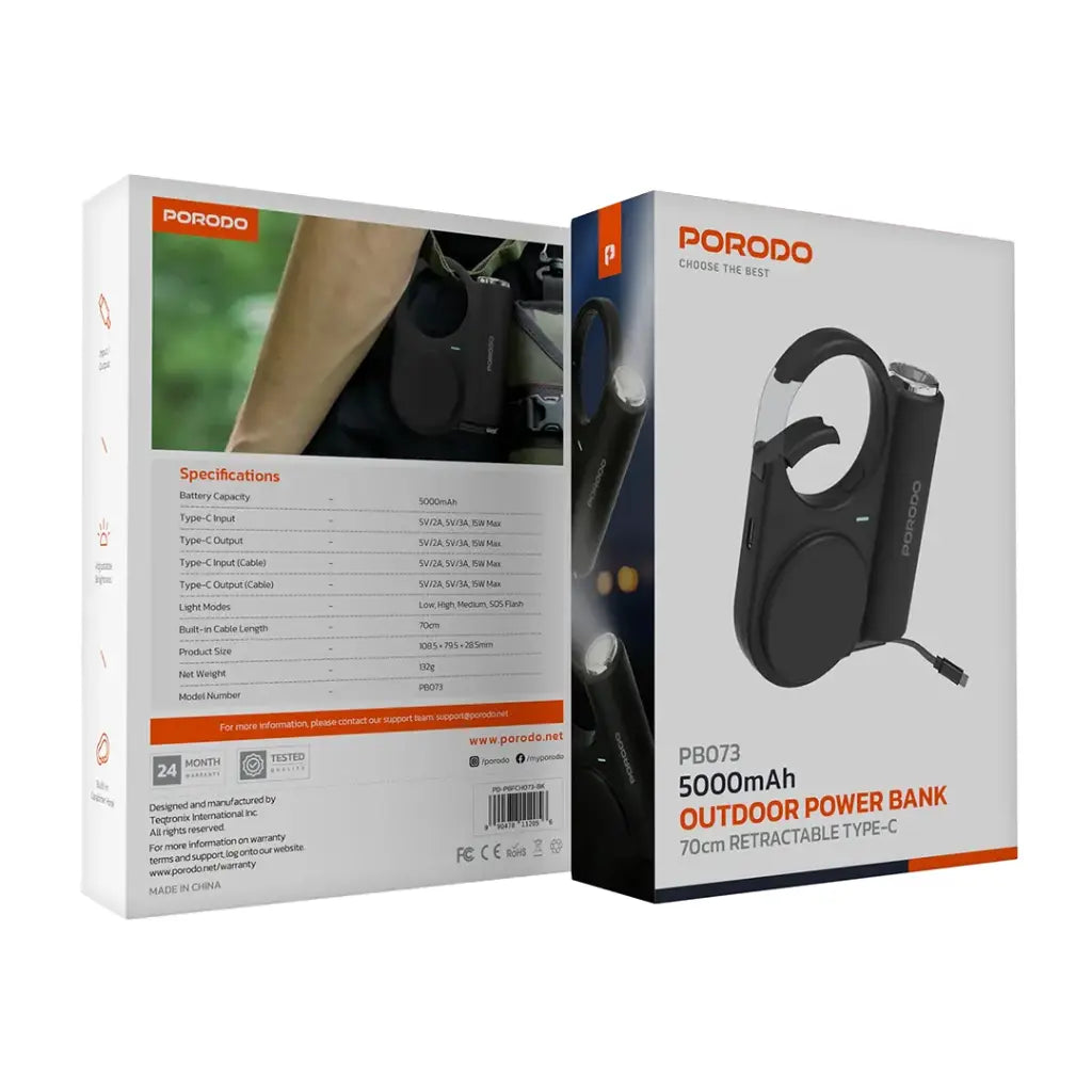 Porodo Outdoor Power Bank 70cm Retractable Tyb-c 5000 mAh PB073