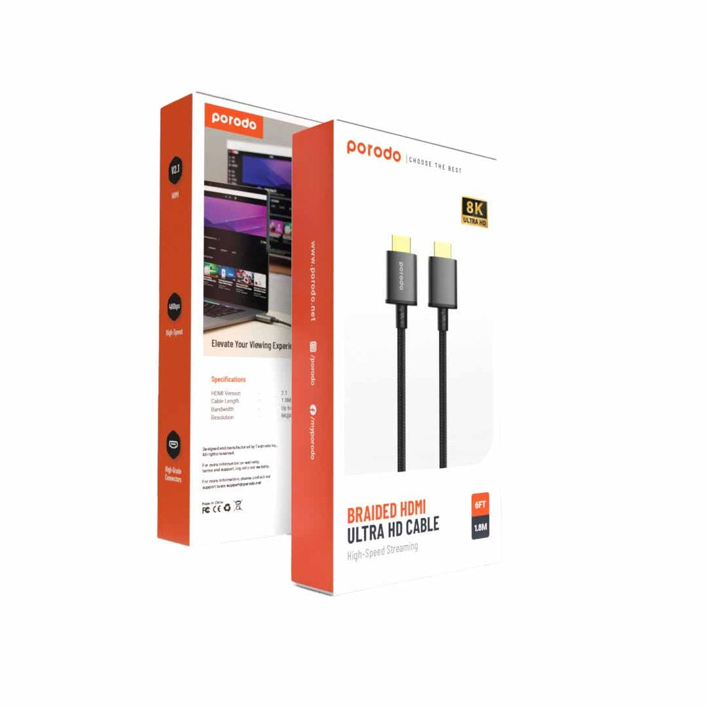 Porodo Braided HDMI Ultra HD Cable High-Speed Streaming 8k 3m