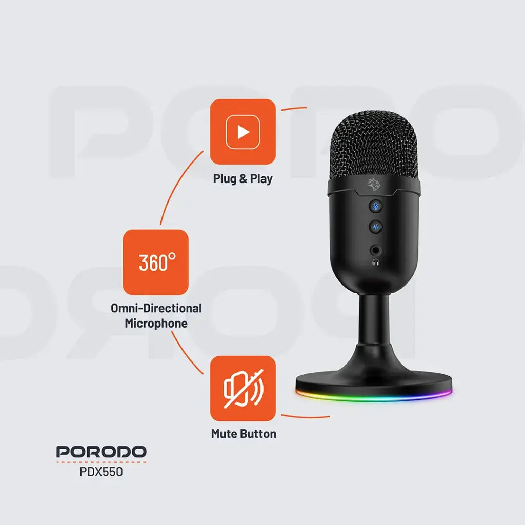 Porodo Omni-Directional USB Micophone RGB - Black