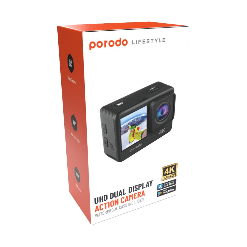Porodo Dual Display Action Camera Waterproof Case Included 4K
