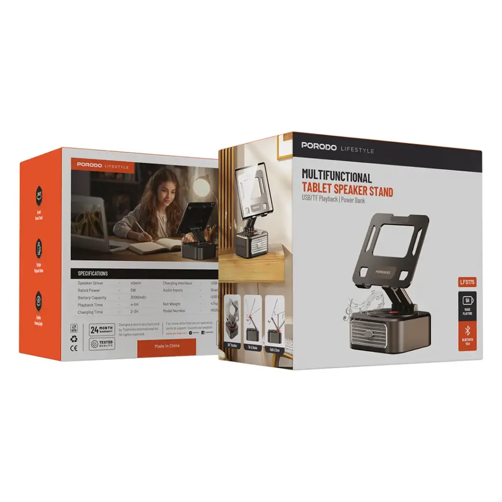 Porodo Multifunctional Tablet Speaker Stand USB/TF Playback Power Bank LFS175