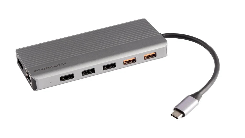 موزع Powerology 12 في 1 - HDMI وDP 4K USB-C HUB Ethernet 10Gbps نقل البيانات 100 واط - رمادي