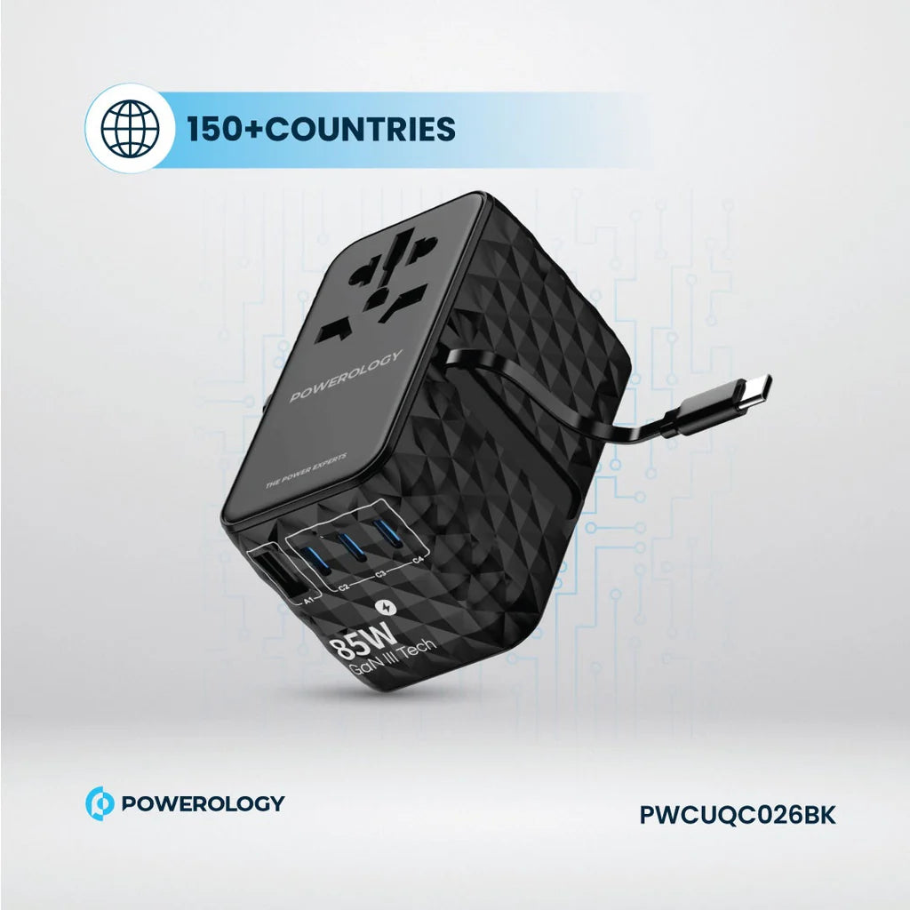 Powerology Universal Gan 85W Super Charger Retractable Type-c Cable