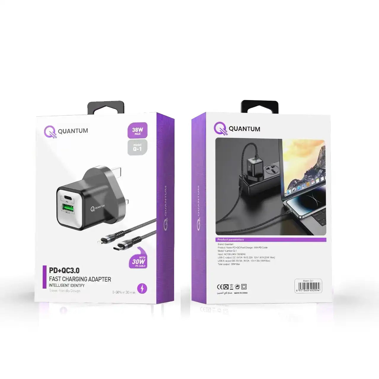 Quantum PD+QC3.0 Fast Charging Adapter 38W With 30W PD Cable Q-1