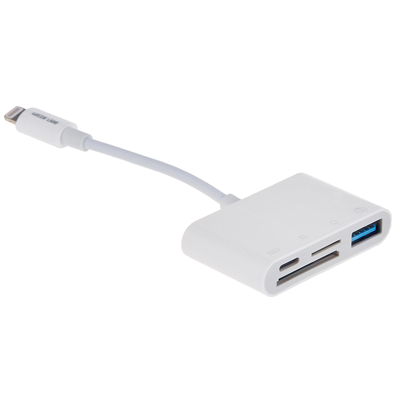 محول Lightning OTG 4 في 1 باللون الأخضر مع فتحات بطاقة SD وTF ومنافذ Type-C وUSB-A