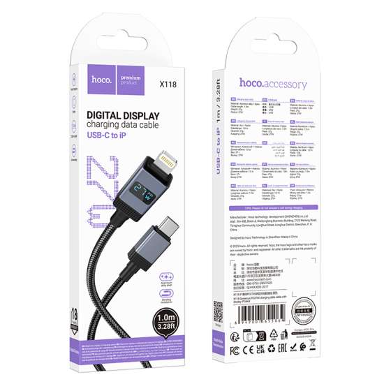 hoco Digital Display Charging Data Cable USB-C TO Lightning 1m X118 Black