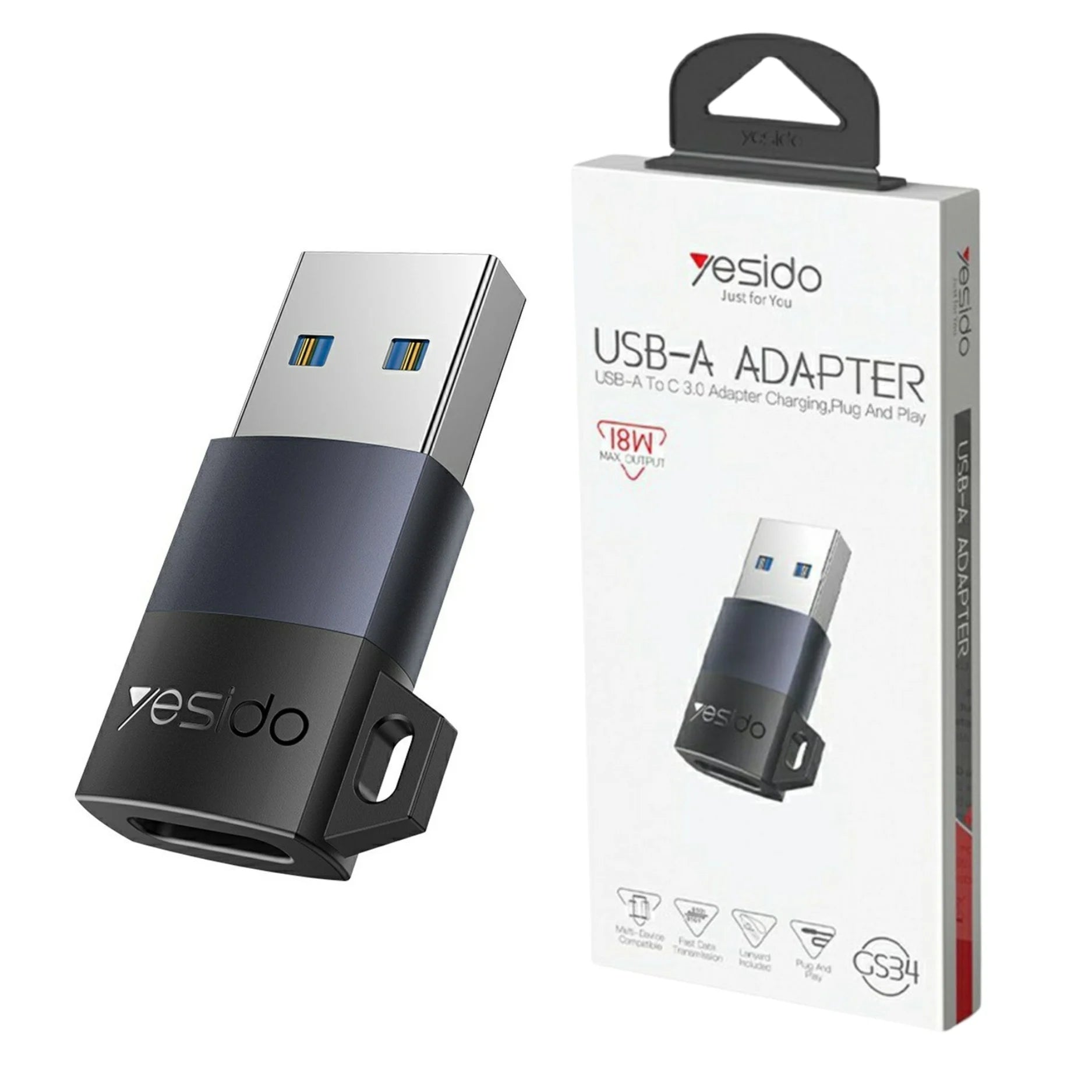 Yesido USB-A Adapter USB-A Male TO USB-C Famale 2.0 18W GS34