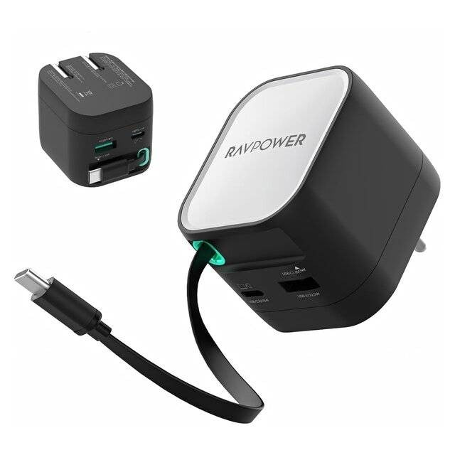 Ravpower 2 IN 1 Retractable USB-C Cable Foldable Charger PD65W RP-PC1102 Black