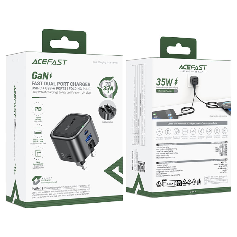 Acefast Gan Fast Dual Port Charger USB-C+USB-A Port Ports 35W - A120 Black