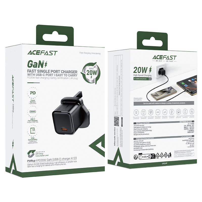 Acefast Gan Fast Single Port Charger Set With USB-C Port 20W Max USB-C Cable 1.2m - A123 Black