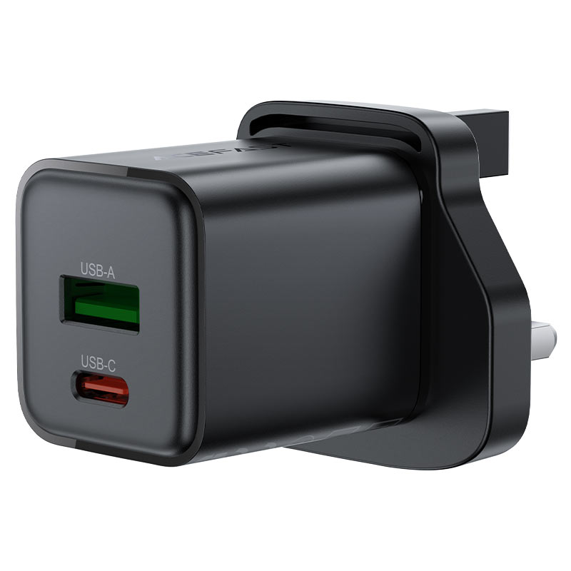 شاحن Acefast Gan السريع ثنائي المنافذ USB-A وUSB-C بقدرة 20 واط - A126 أسود