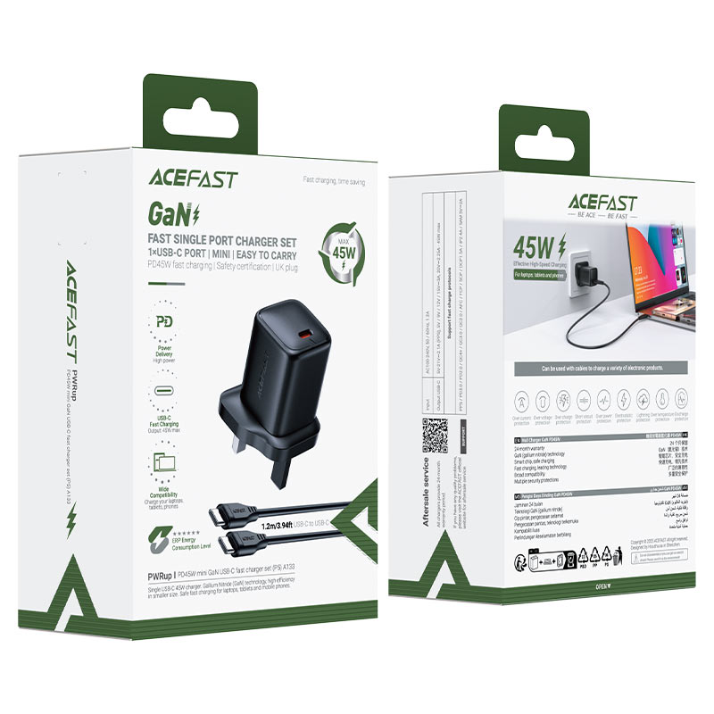 Acefast Gan Fast Single Port Charger Set Mini 45W With USB-C Cable 1.2m - A133 Black