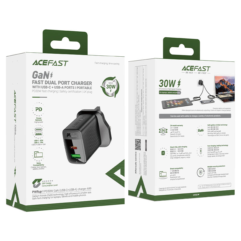 Acefast Gan Fast Dual Port Charger With USB-C+USB-A Ports A99 Black