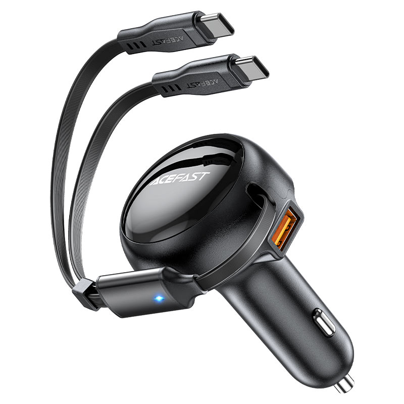 Acefast Fast in Car Charger 2IN1 Retractable USB-C Cable+USB-A Port Fast Charging 53W - B13 Black