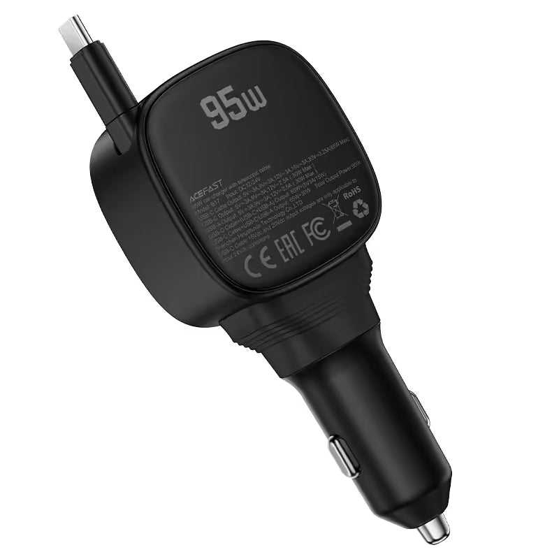 Acefast Fast In Car Charger Retractble USB-C Cable 95W B17 Black