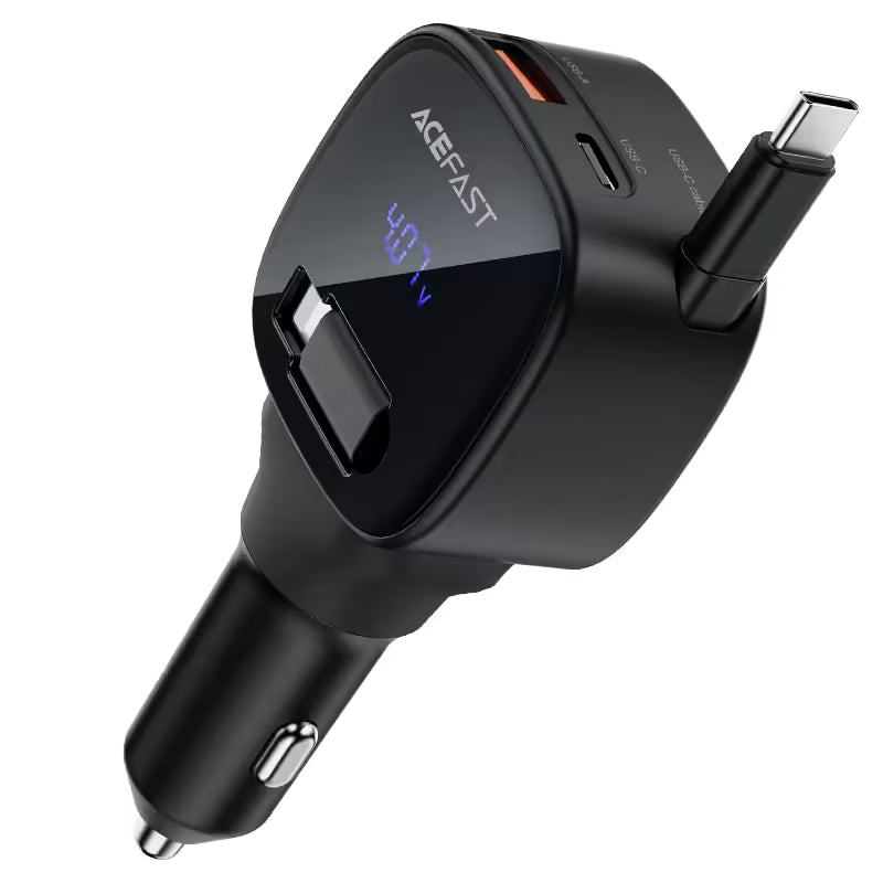 Acefast Fast In Car Charger Retractble USB-C Cable 95W B17 Black