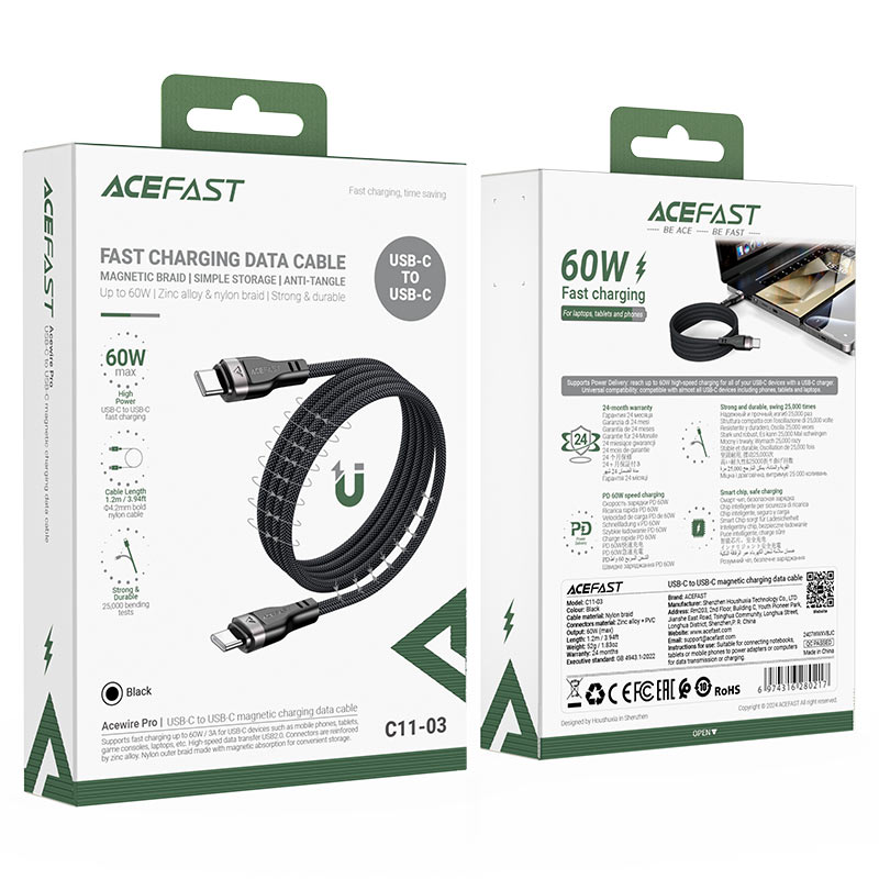 كابل بيانات وشحن سريع من Acefast، USB-C إلى USB-C، 60 واط، 1.2 متر - C11-03، أسود