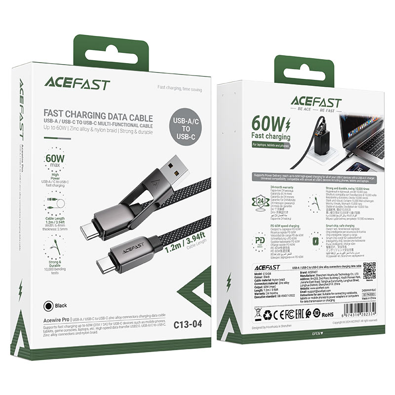 كابل بيانات وشحن سريع من Acefast، من USB-AC إلى USB-C، بقوة 60 واط، بطول 1.2 متر - C13-04، أسود