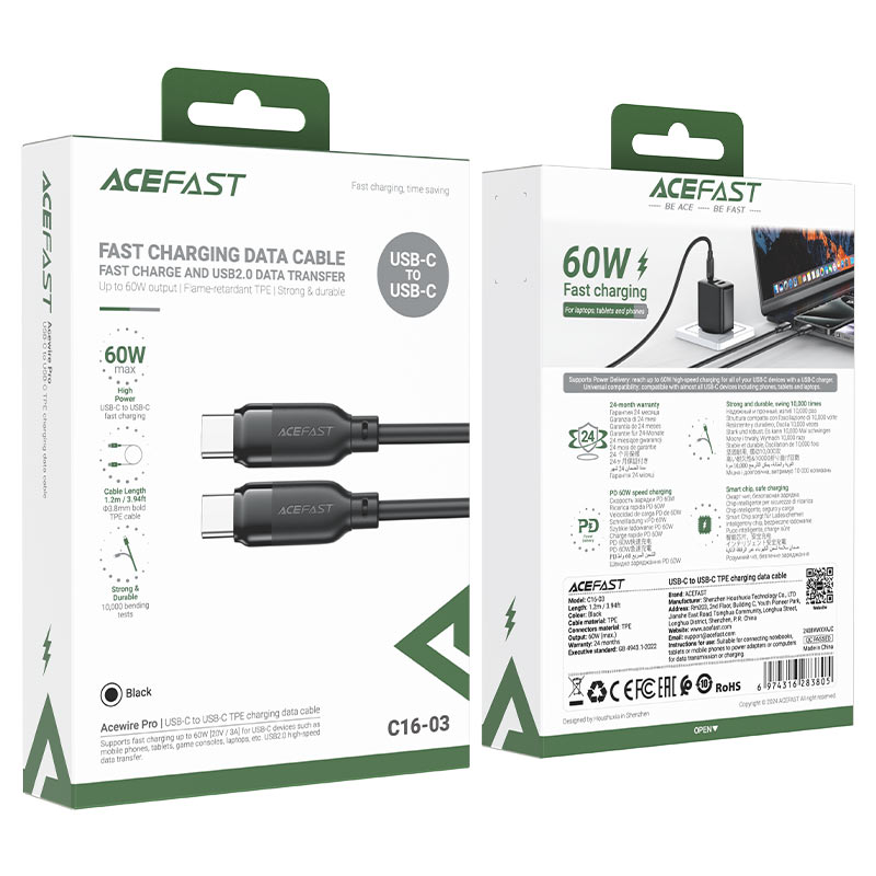 كابل بيانات وشحن سريع من Acefast، USB-C إلى USB-C، 60 واط، 1.2 متر - C16-03، أسود