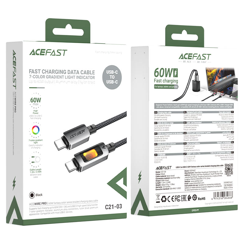 كابل بيانات وشحن سريع من Acefast، مزود بمؤشر متدرج الألوان (7 ألوان)، USB-C إلى USB-C، بقدرة 60 واط، طول 1.2 متر - C21-03، أسود
