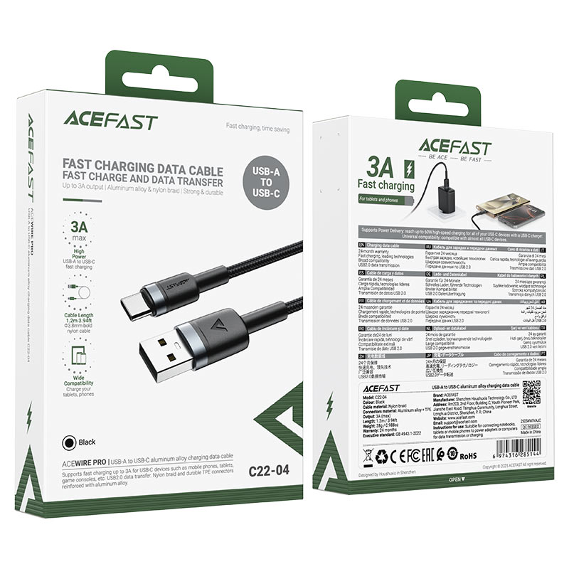 كابل بيانات وشحن سريع من Acefast، من USB-A إلى USB-C، بطول 1.2 متر - C22-04، أسود